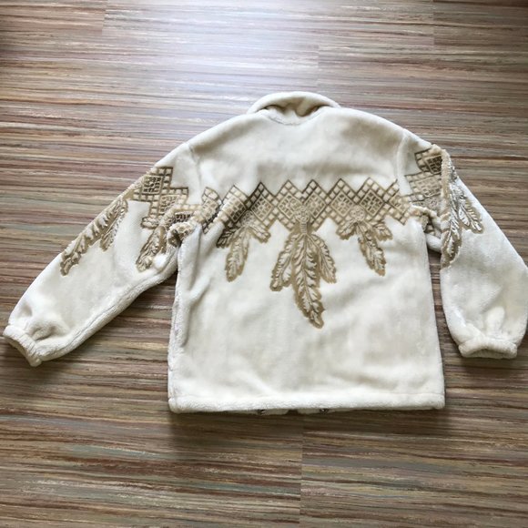Milton Funwear Plush Fleece Jacket Cream & Beige Feather Design Oversized 90s - Picture 9 of 9